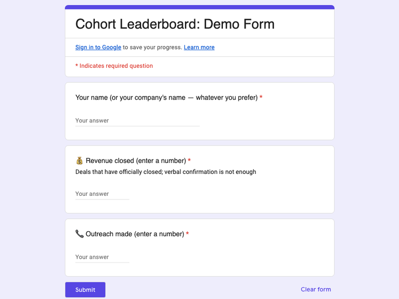 A Google Form where participants enter their numbers